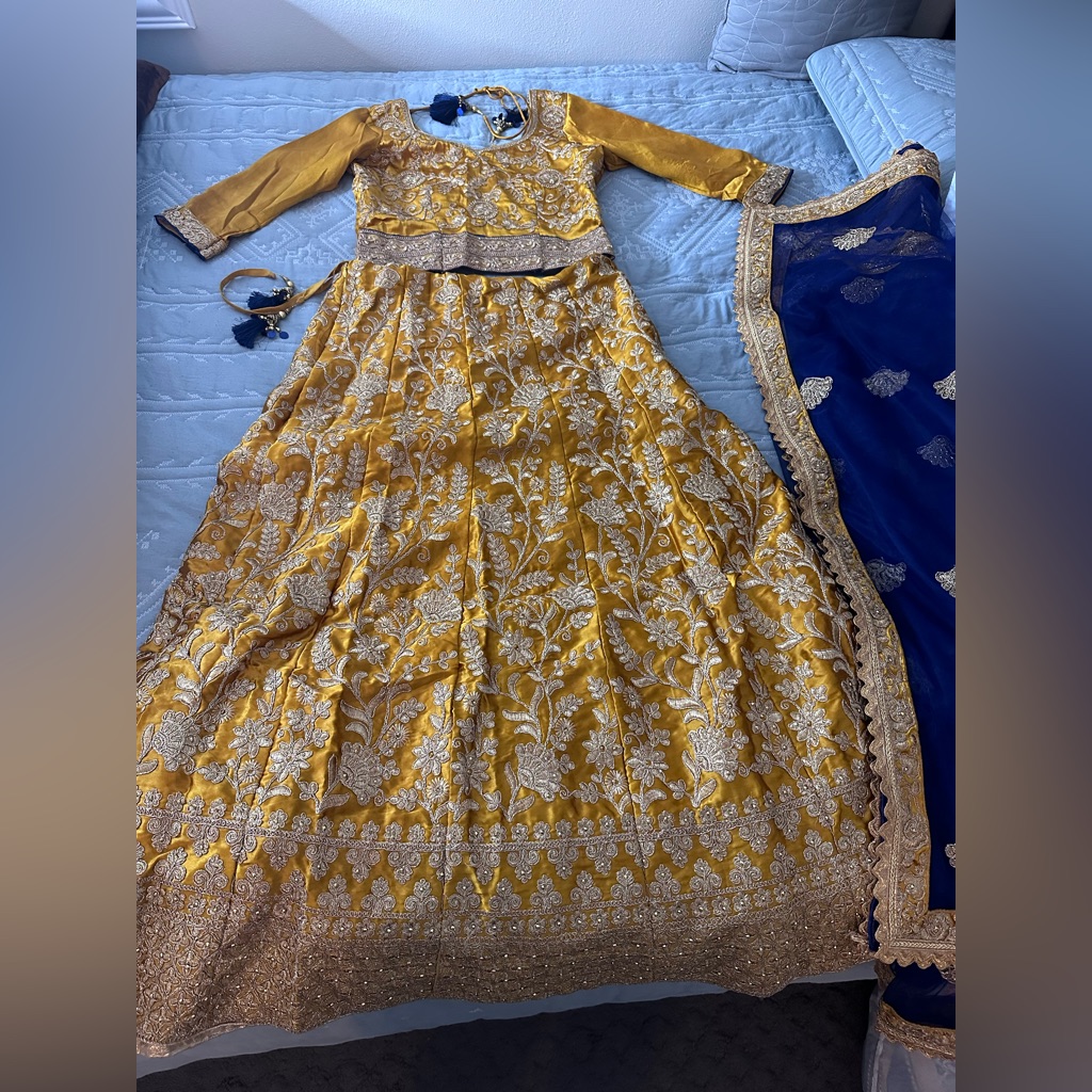 Lovely Yellow And Blue Silk Lehenga